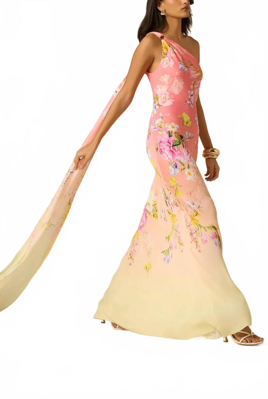 NEW HEMANT & NANDITA avya one shoulder sash dress in pink multi - Picture 8 of 10